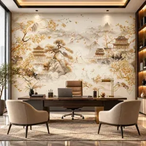 Luxury Golden Asian Landscape Mural Wallpaper - Image 2