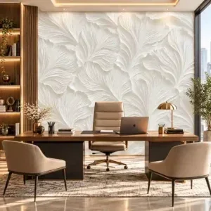 White Sculpted Floral Wallpaper for Luxury Office Interiors - Image 3