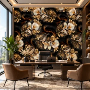 Black, Gold & Ivory Abstract Floral Wallpaper - Image 2