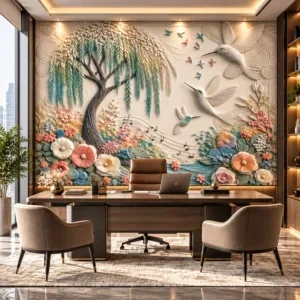 Embossed Botanical Tree and Bird Mural Wallpaper - Image 3