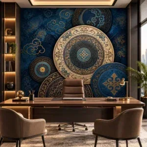 Luxury Blue and Gold Ornamental Medallion Wallpaper - Image 4