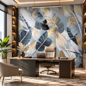 Luxury Navy Blue & Gold Sculptural Leaf Wallpaper - Image 4