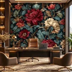 Luxury Dark Floral Wallpaper with Burgundy and Champagne Flowers - Image 3