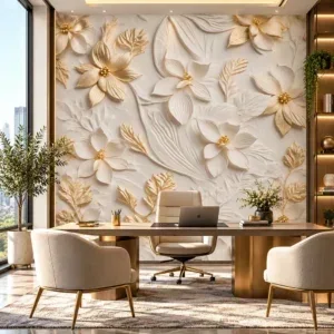 Gold & Ivory 3D Floral Wallpaper - Image 2