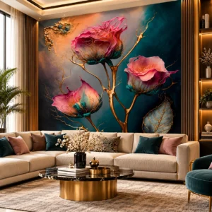 Luxury Teal & Pink Floral Wallpaper - Image 3