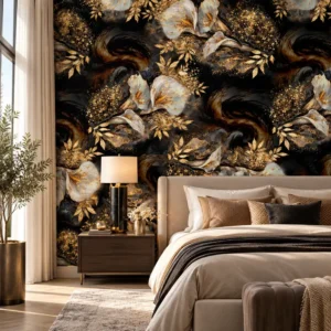 Black, Gold & Ivory Abstract Floral Wallpaper - Image 3