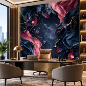 Midnight Blue & Rose Gold Abstract Marble Wallpaper - Image 2