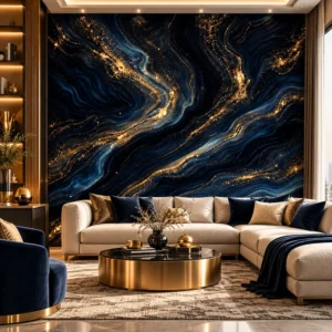 Luxury Navy Blue and Gold Abstract Marble Wallpaper - Image 3