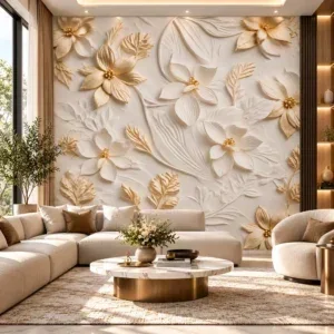 Gold & Ivory 3D Floral Wallpaper - Image 3