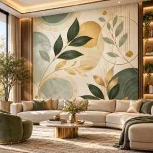 Luxury Botanical Green & Gold Geometric Wallpaper - Image 4