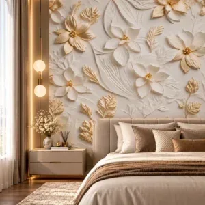 Gold & Ivory 3D Floral Wallpaper - Image 4