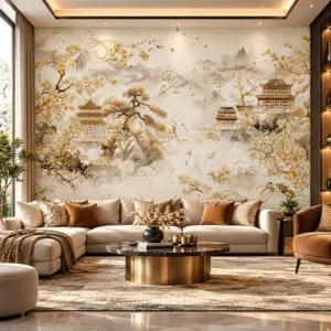 Luxury Golden Asian Landscape Mural Wallpaper - Image 3