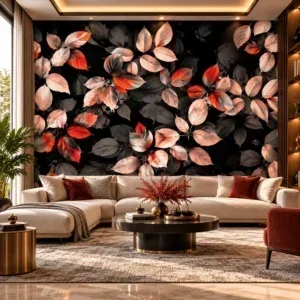 Luxury Autumn Leaves Black & Coral Wallpaper - Image 4