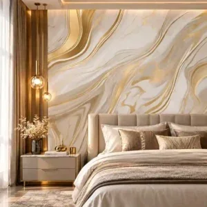 Ivory Marble Swirl Gold Accent Wallpaper - Image 2