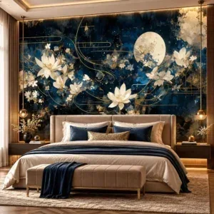 Luxury Navy Blue and Gold Floral Wallpaper - Image 4