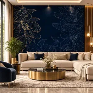 Midnight Blue & Gold Floral Wallpaper - Image 2