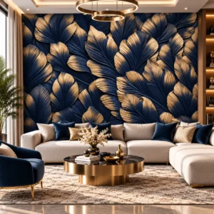 Luxury Navy Blue & Gold Sculptural Leaf Wallpaper - Image 4