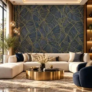 Navy Blue and Gold Botanical Leaf Wallpaper for Luxury Interiors - Image 2