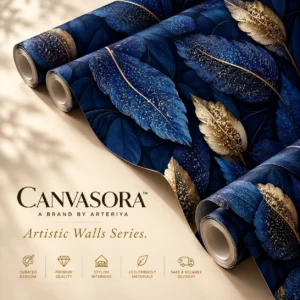 Luxury Navy Blue & Gold Feather Wallpaper