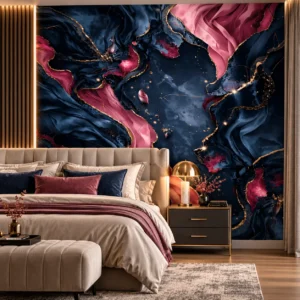 Midnight Blue & Rose Gold Abstract Marble Wallpaper - Image 4