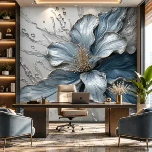 Blue 3D Floral Mural Wallpaper - Image 2