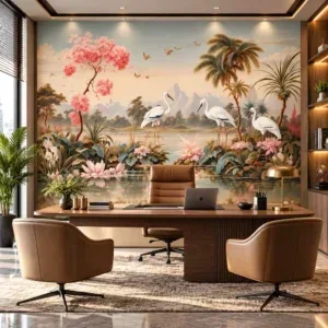 Luxury Tropical Landscape & Swan Mural Wallpaper - Image 2