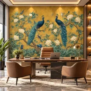 Luxury Golden Peacock & Floral Chinoiserie Wallpaper - Image 2