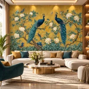 Luxury Golden Peacock & Floral Chinoiserie Wallpaper - Image 3