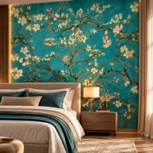 Luxury Teal Blue and Cream Floral Wallpaper - Image 2