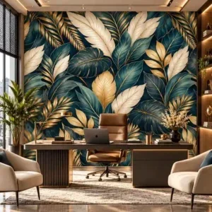 Navy Blue & Golden Botanical Leaf Wallpaper - Image 3