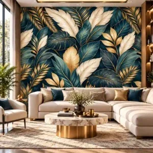 Navy Blue & Golden Botanical Leaf Wallpaper - Image 2