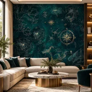 Luxury Teal Celestial Map Wallpaper with Gold Compass Details - Image 3