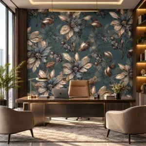 Teal & Antique Gold Floral Wallpaper - Image 2