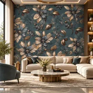 Teal & Antique Gold Floral Wallpaper - Image 3