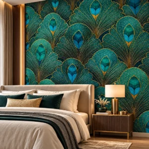 Luxury Teal & Gold Peacock Feather Wallpaper - Image 4