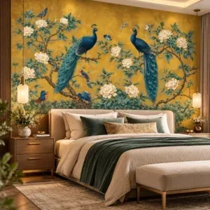 Luxury Golden Peacock & Floral Chinoiserie Wallpaper - Image 4