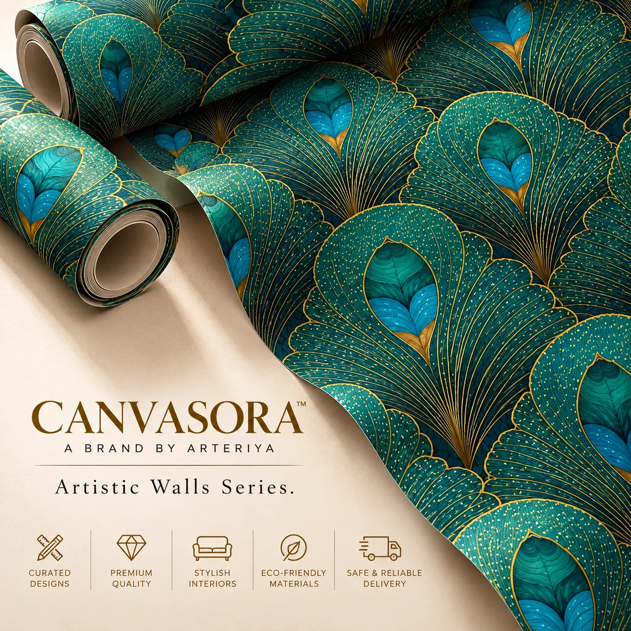 Luxurious Teal and Gold Wallpaper Collection Luxury Teal & Gold Peacock Feather Wallpaper - Image 1