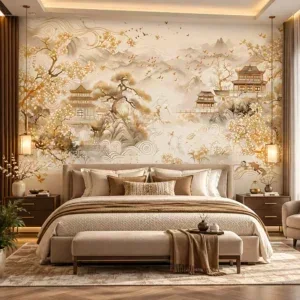 Luxury Golden Asian Landscape Mural Wallpaper - Image 4