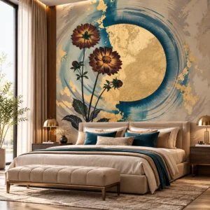Teal & Gold Celestial Floral Wallpaper - Image 3