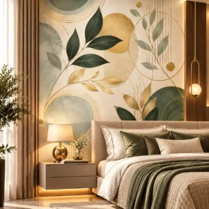 Luxury Botanical Green & Gold Geometric Wallpaper - Image 2