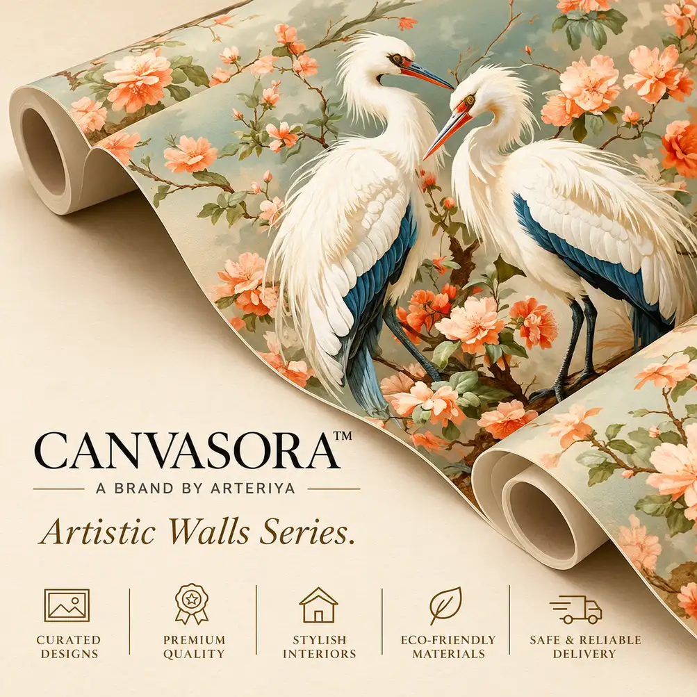 Luxury Crane Blossom Wallpaper Showcase-1 Elegant Crane & Blossom Wallpaper - Image 1