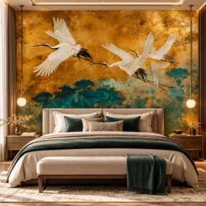 Luxury Flying Cranes Teal & Gold Mural Wallpaper - Image 3