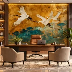 Luxury Flying Cranes Teal & Gold Mural Wallpaper - Image 4