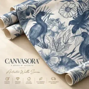Indigo Blue Floral and Bird Wallpaper Mural