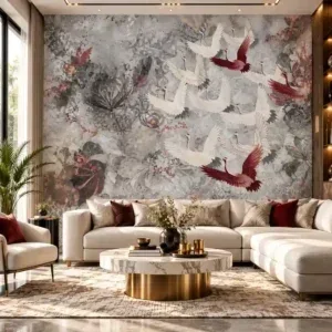 Ivory Crane & Floral Scenic Wallpaper - Image 3
