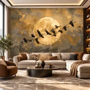 Golden Moon & Flying Cranes Mural Wallpaper - Image 2