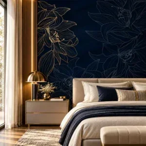 Midnight Blue & Gold Floral Wallpaper - Image 4