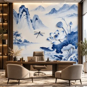 Blue and White Lotus Wallpaper - Image 3