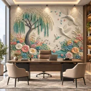 Embossed Botanical Tree and Bird Mural Wallpaper - Image 4