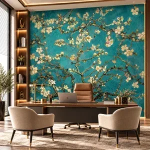 Luxury Teal Blue and Cream Floral Wallpaper - Image 3